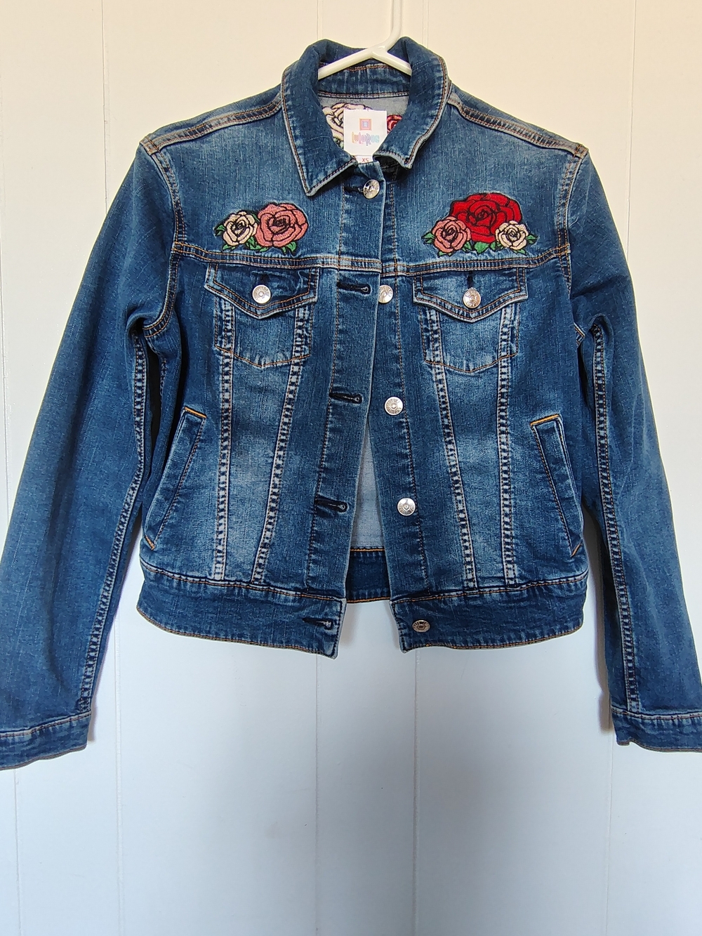 LuLaRoe Blue Denim Jacket with Embroidered Roses Size XS.